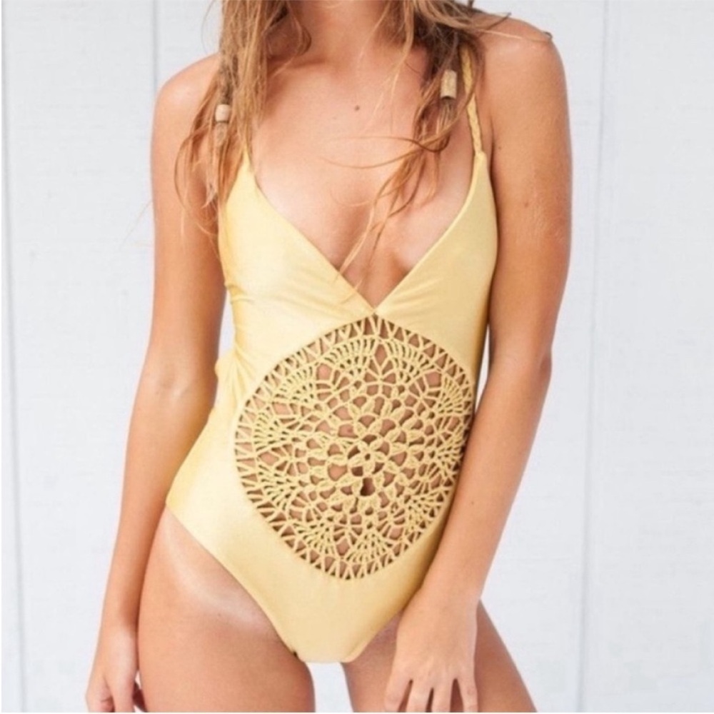 Frankie’s Bikinis Gold Crochet One Piece Swimsuit Rope Tie Poppy